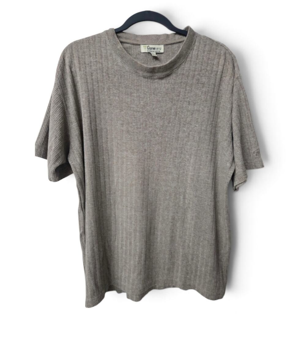Vintage 90s Guess Ribbed Knit T Shirt Men L Taupe Brown Embroidered Sleeve Tee
